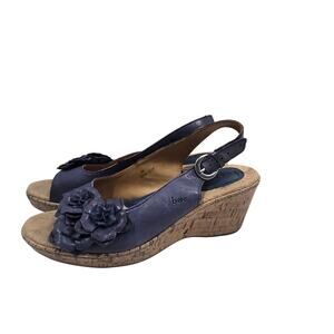 BOC Born Women's Sandal Size 9 M Wedge Platform Blue Leather Slingback Flower